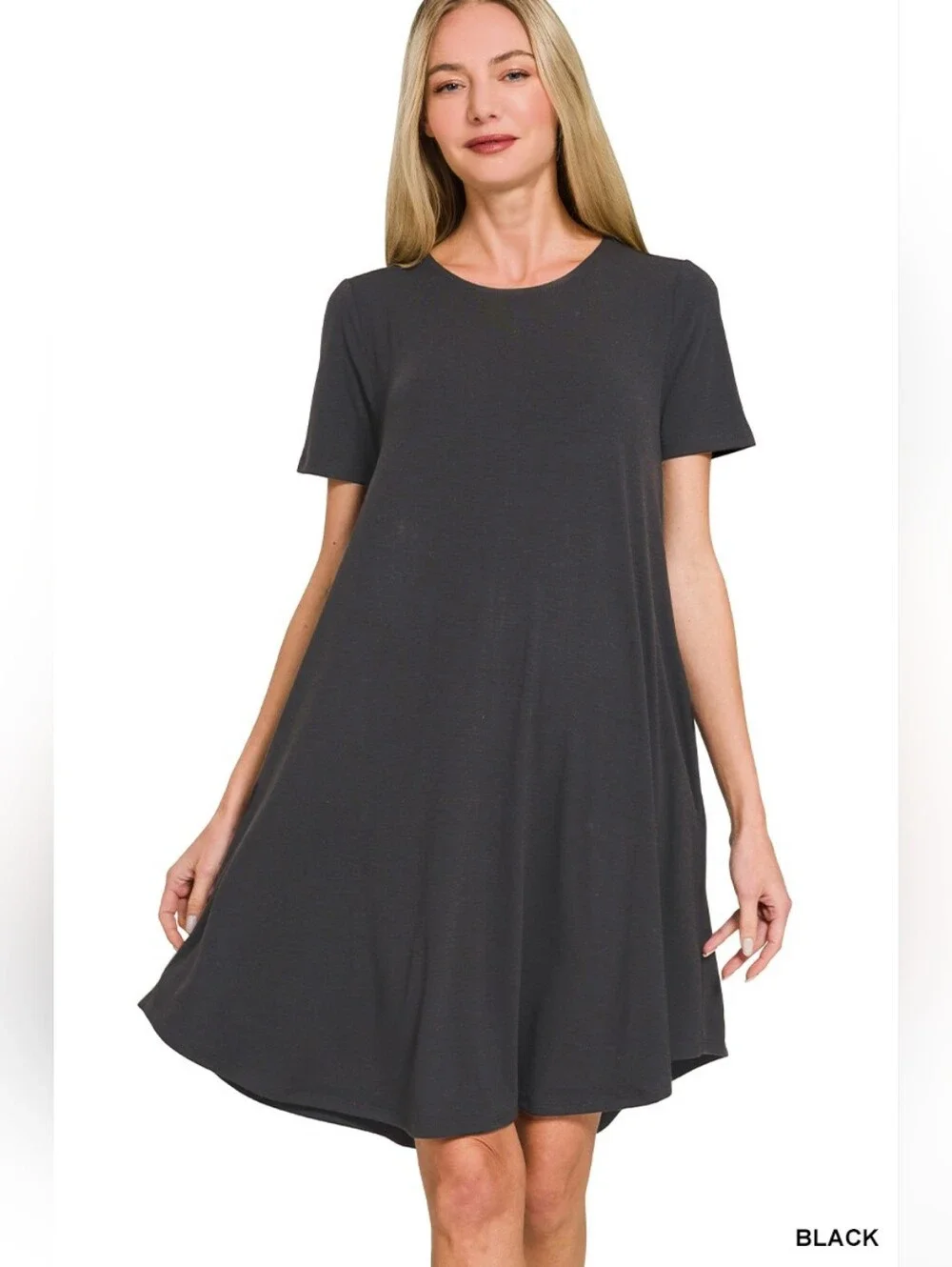 Zenana Short Sleeve Round Hem A-Line Dress with Side Pockets- Fast Shipping !! - Picture 1 of 5